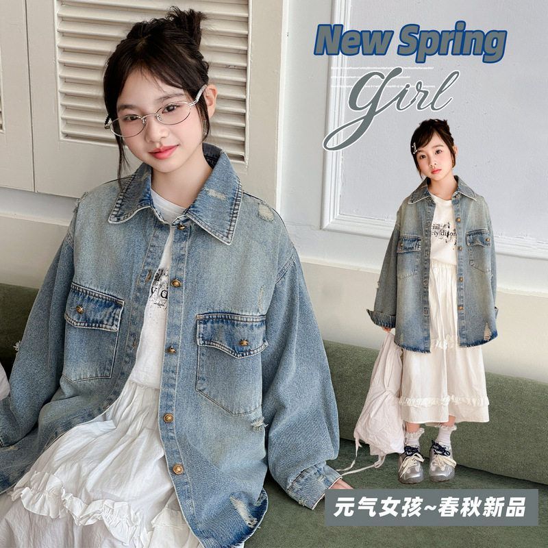 女大童女童牛仔新款衬衫外套时髦复古春秋春装衬衣款破洞儿童202