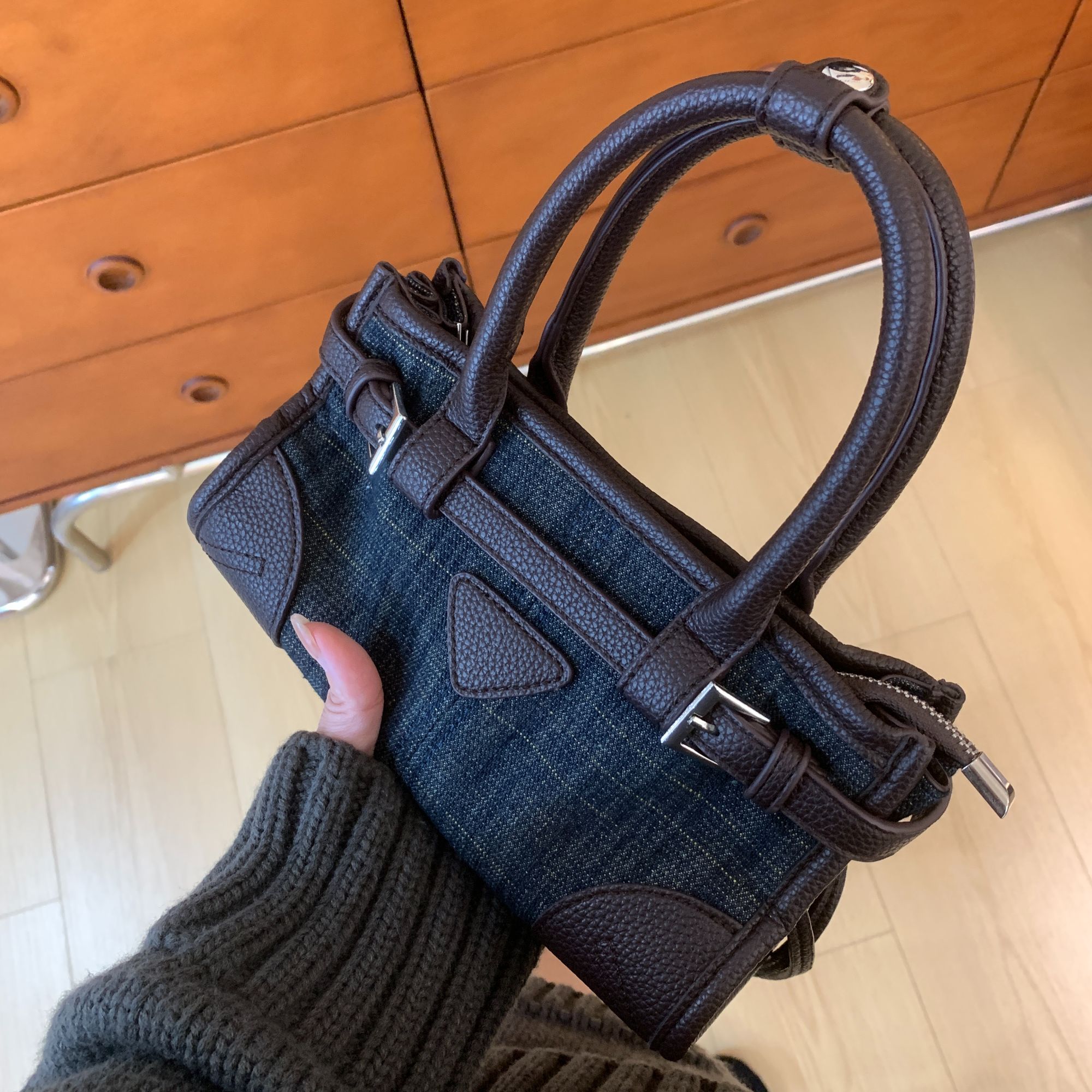 复古撞色牛仔手提斜挎小包女包