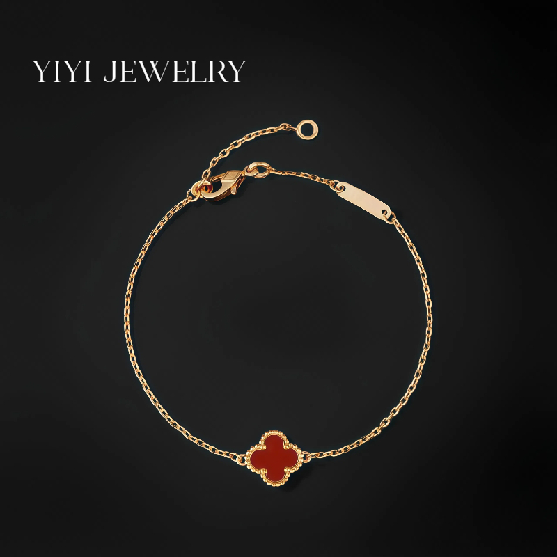 925银手链 镀K金玫瑰金mini单花红色草草手链