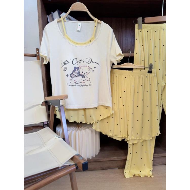 【带胸垫】夏季莫代尔女士短袖短裤长裤三件套睡衣卡通黄色家居服