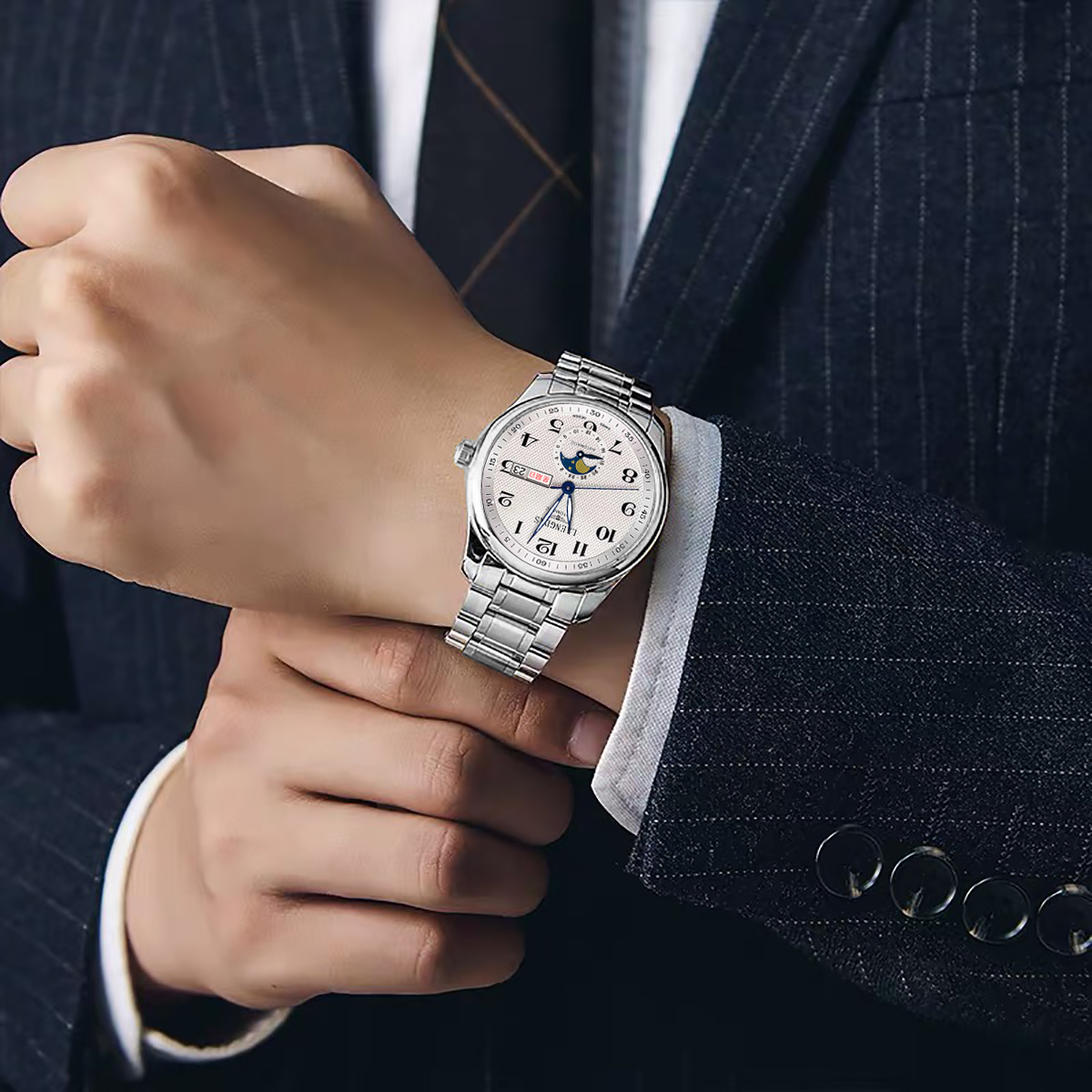 【云仓直发】限量款名将月相系列高奢男士时尚表全盘夜光送黑皮带