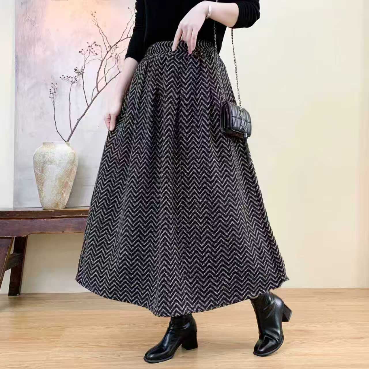 Q006韩版显瘦A字格子高腰裙子秋冬高腰格子半身裙