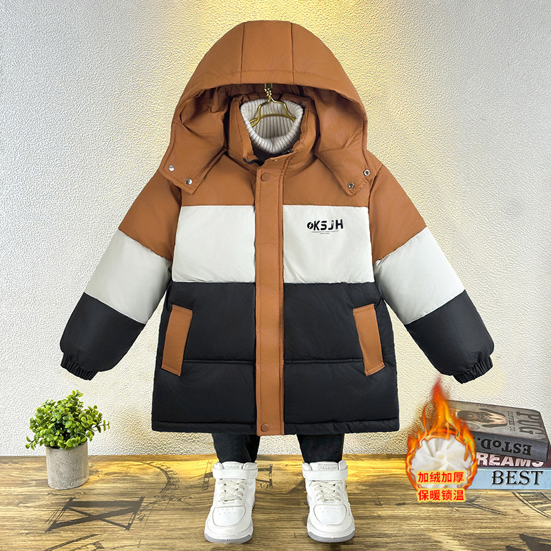 潮男童棉服冬季2025新款童装加绒加厚冬装棉衣中小童拼色棉袄外套