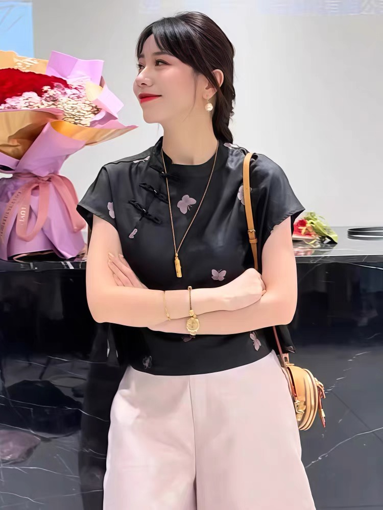 刺绣气质夏季中国风短袖植物花卉女士时尚高质感显瘦穿搭