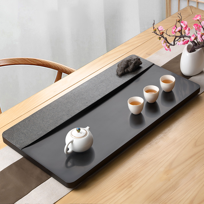 乌金石茶盘托盘小型传统抛光石头排水式湿泡茶具简约桌面排水快速