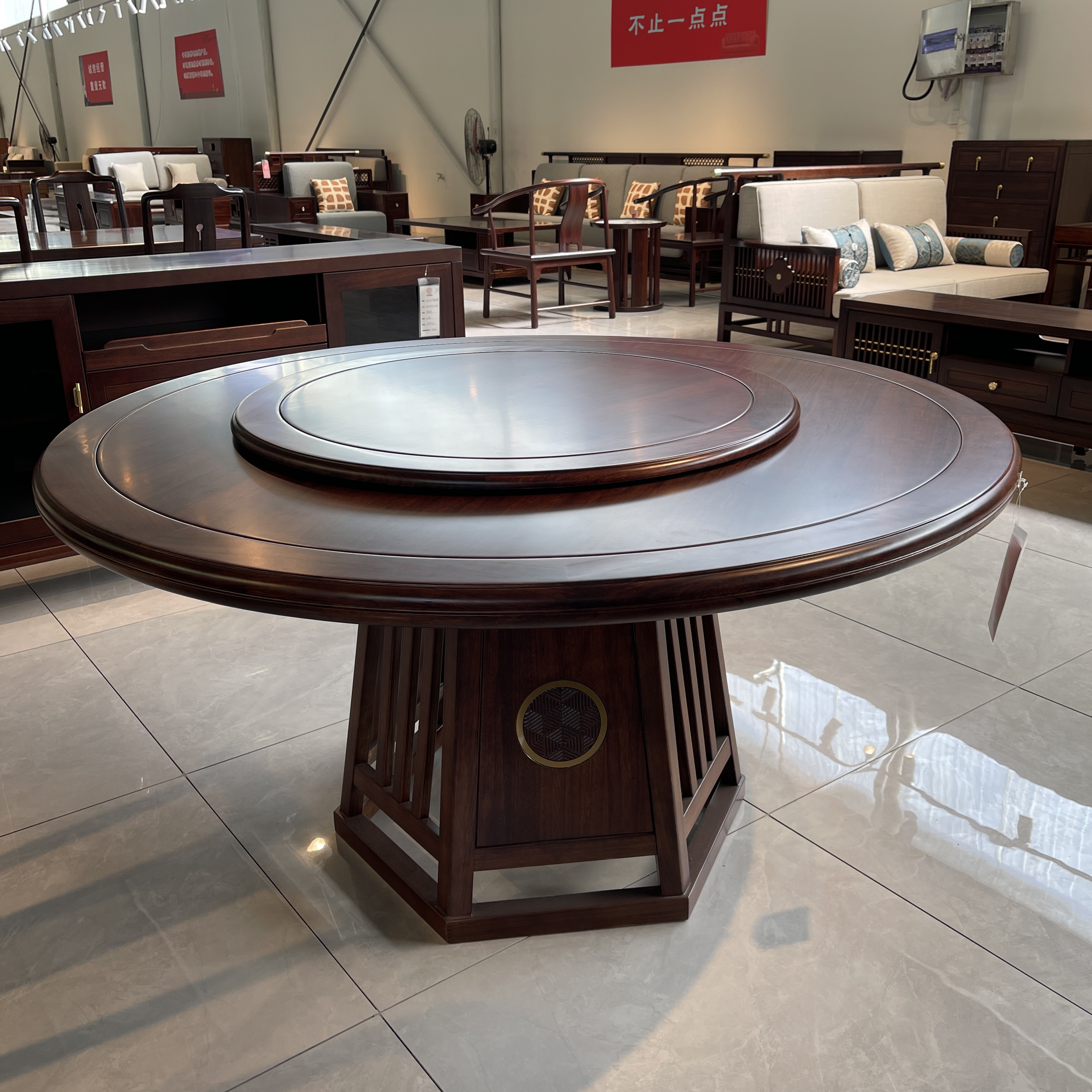 方元家具高品质新中式乌金木圆桌一桌六椅+转盘