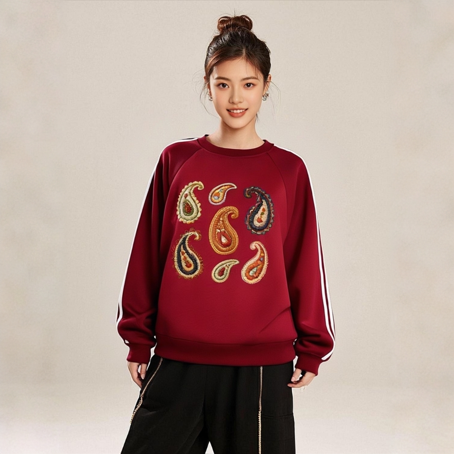 RH139＃民族风落肩圆领全杠卫衣