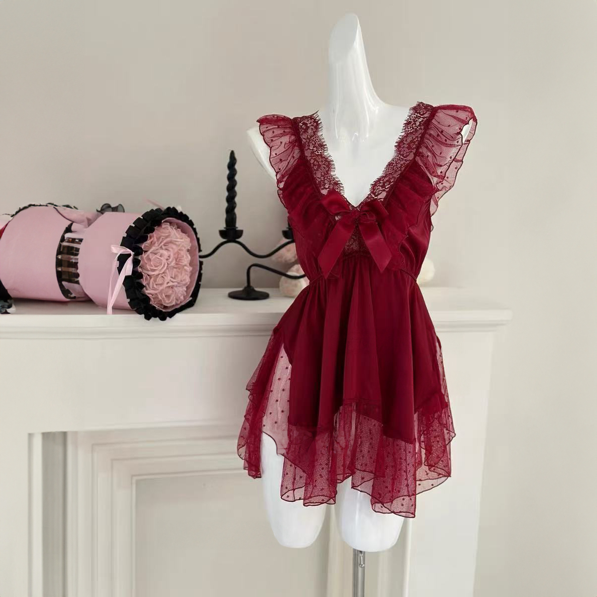 （纯爱战神）80-170斤新款性感深V薄款网纱睡衣露背甜美睡裙