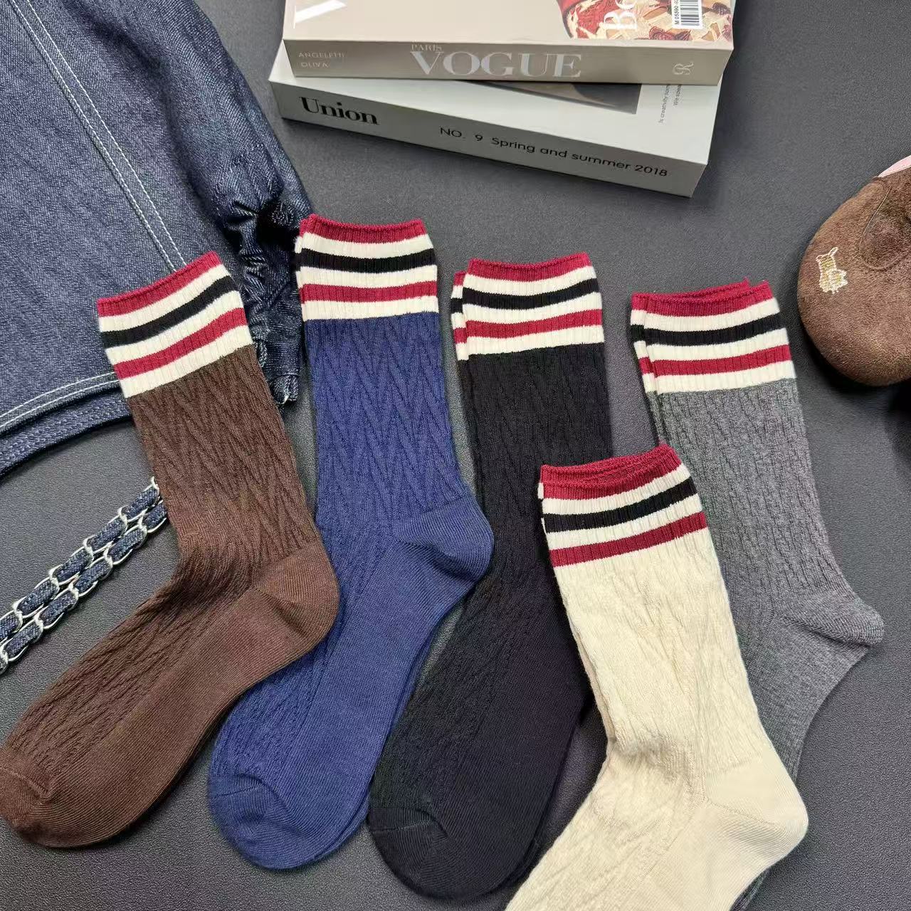 匠心靴下JX³（5双装）秋冬双针长绒棉条纹长筒袜堆堆袜百搭高级显贵