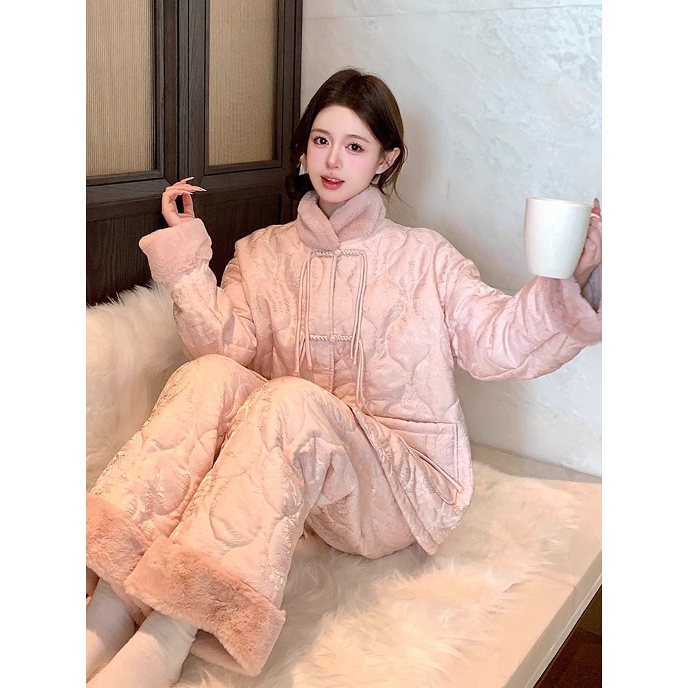 新中式国风加厚夹棉睡衣女冬季新款保暖高级感大码休闲家居服套装