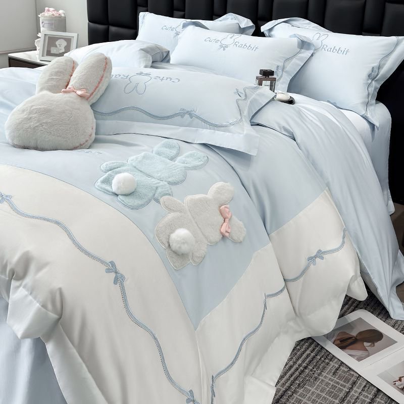 【两小无猜】卡通可爱兔子刺绣长绒棉四件套100%全棉纯棉被套