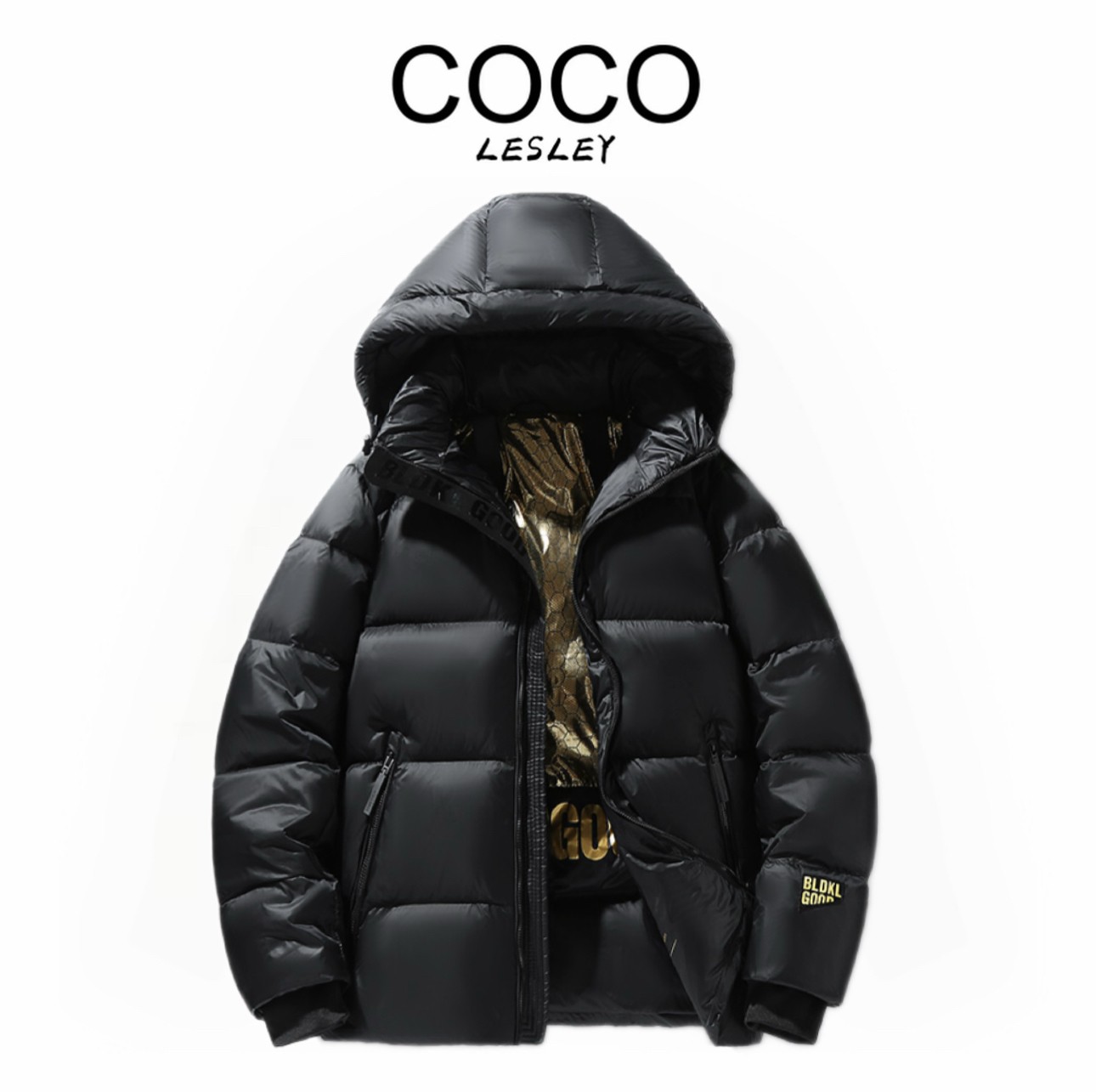 【COCO LESLEY】冬季时尚短款连帽保暖黑金连帽收腰立领男士厚款