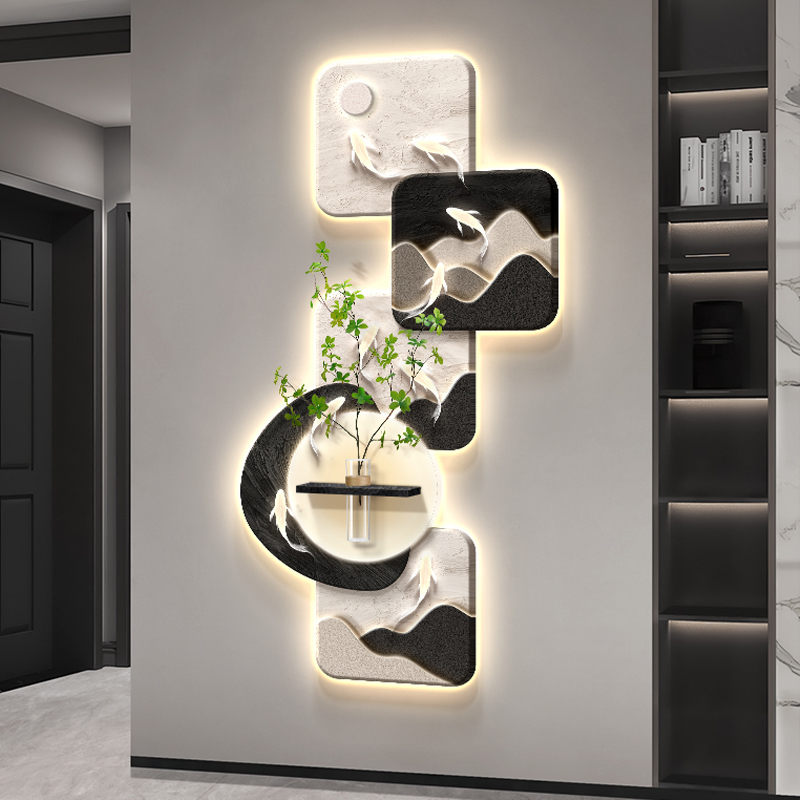 2025高级感玄关九鱼图装饰画走廊过道带灯挂画正对门入户轻奢壁画