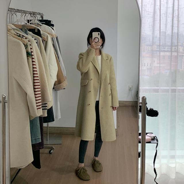 韩版西装长款小个子专属双面尼大衣