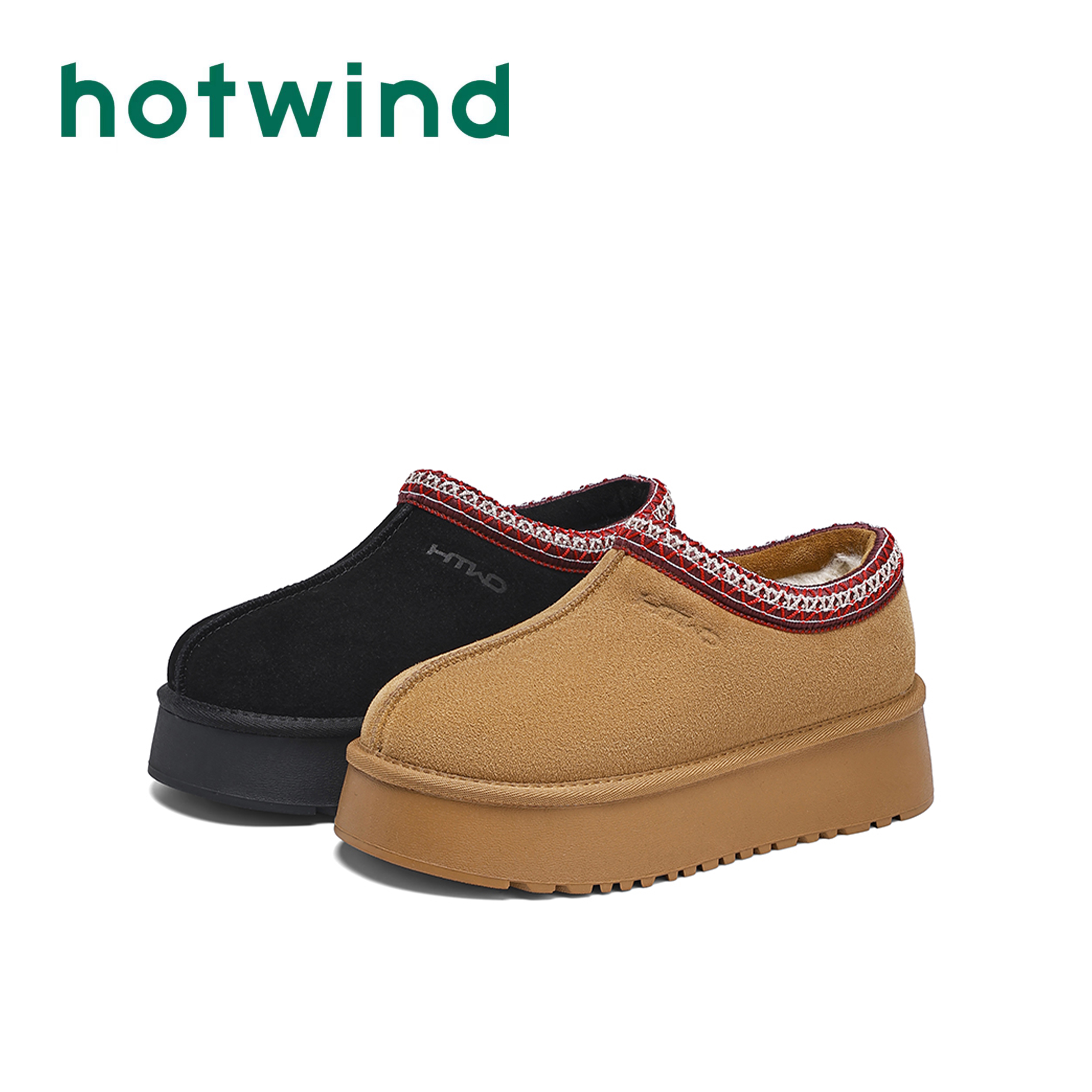 Hotwind/热风冬季新款女鞋防滑加绒加厚拼色雪地靴舒适百搭毛毛鞋