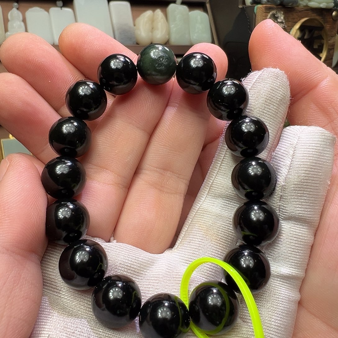 和田玉未镶嵌手串格尔木西瓜皮黑青近一细爆油料13mm超值