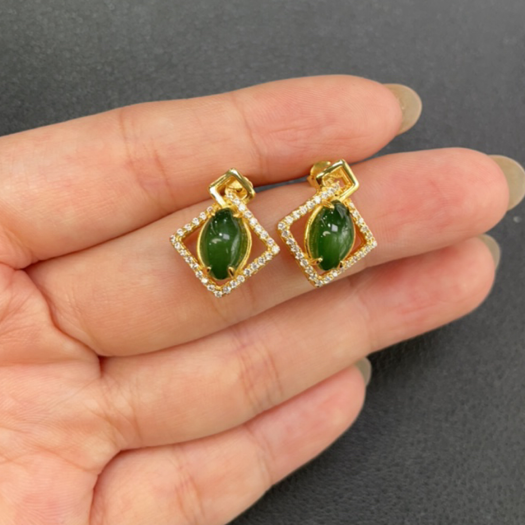 和田玉碧玉925银耳钉