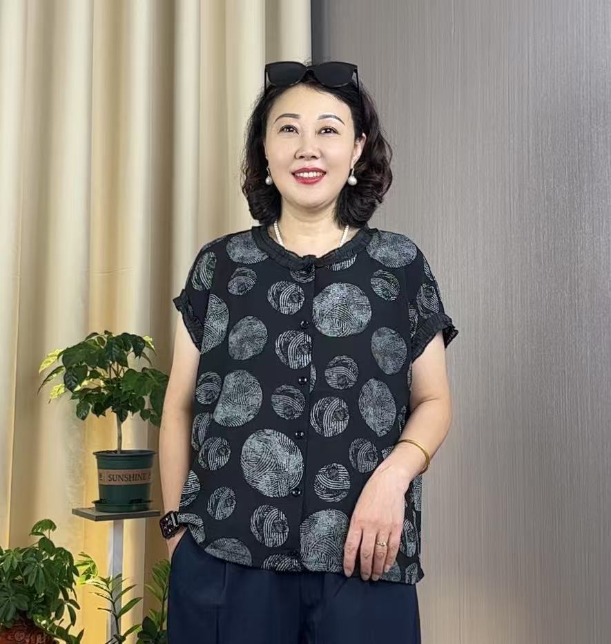JIAXIN/珈辛印花法式短袖圆领宽松型常规T恤洋气妈妈装轻熟风