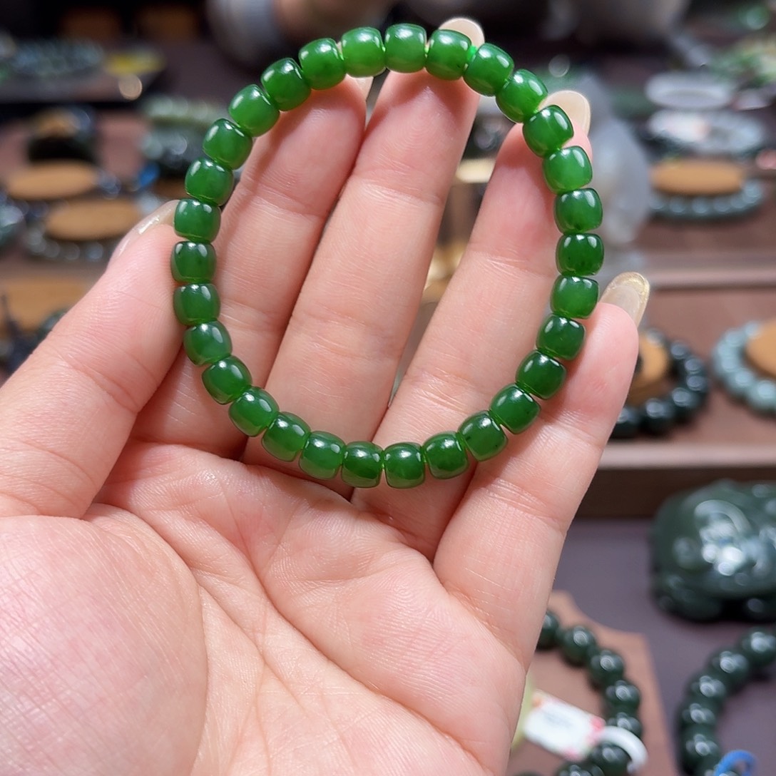和田玉（碧玉）未镶嵌手链俄7 辣阳绿 