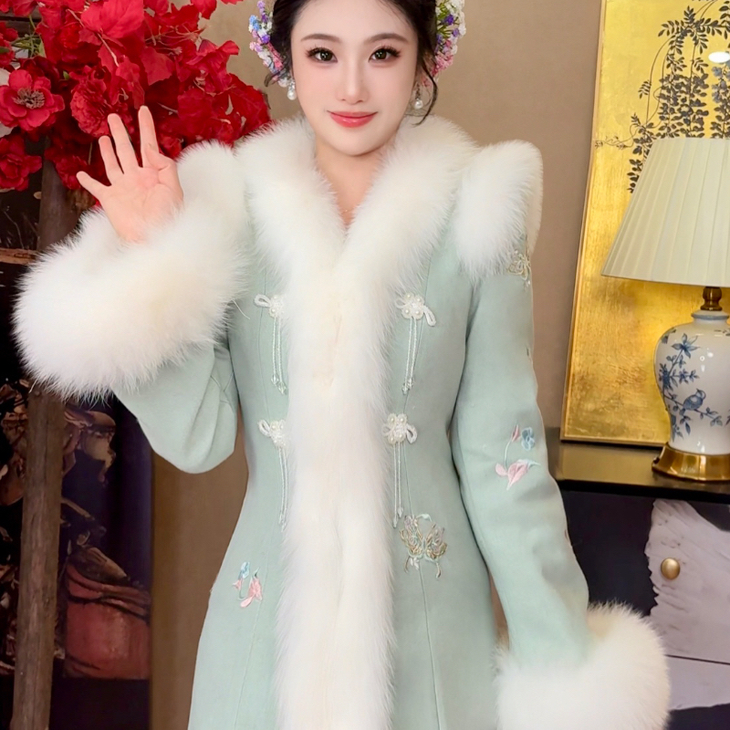 【媛珠 天青白狐】重工狐狸毛领长款羊毛国风鹅绒服收腰贵气修身