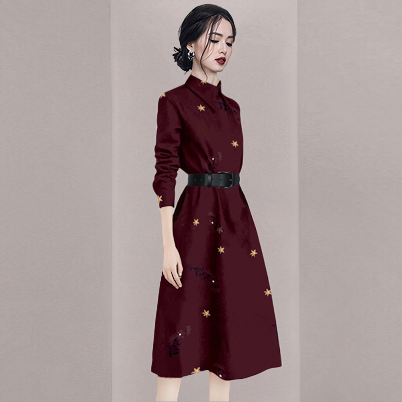 法式印花连衣裙2025春季新款知性优雅衬衫裙长袖POLO领A字裙