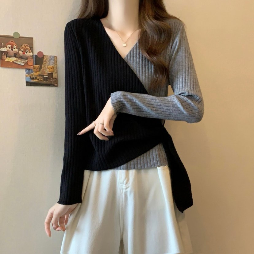 MeiLe2025不规则交叉简约百搭秋冬针织打底衫女JHYB3562