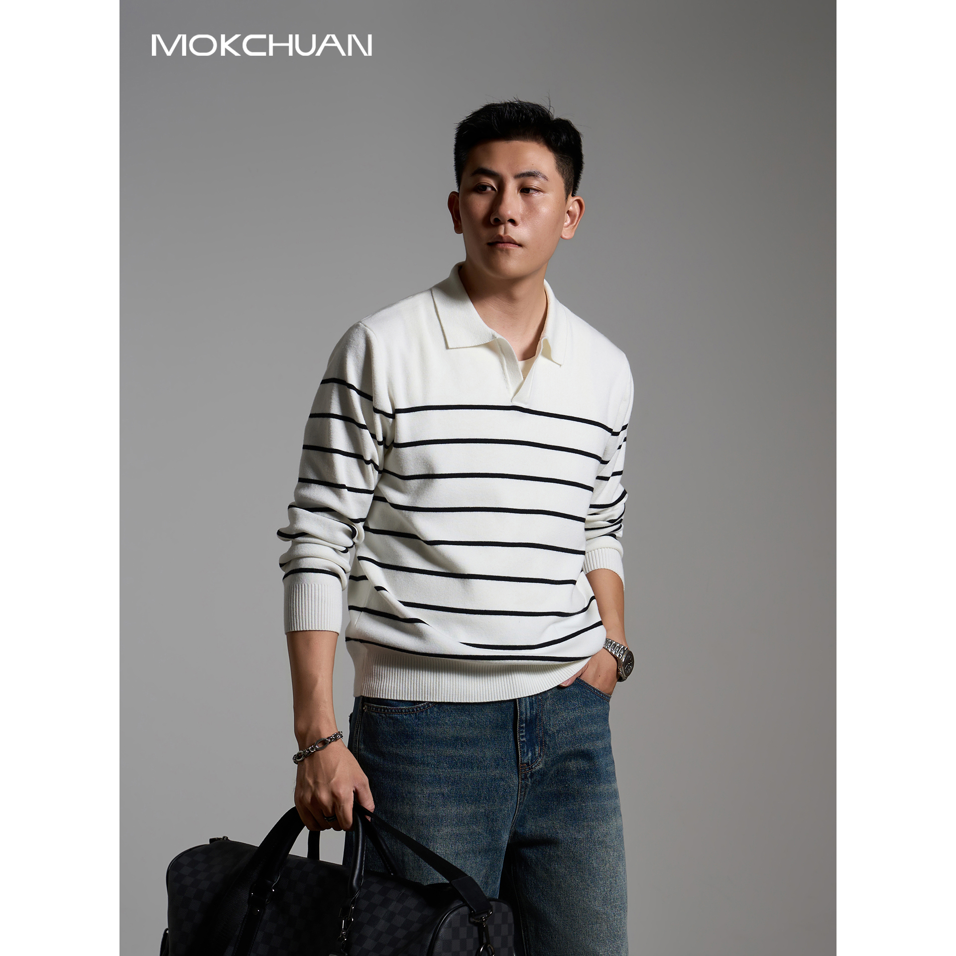 【羊毛混纺】MOKCHUAN早秋12针松弛老钱休闲海鸥领条纹针织毛衣男