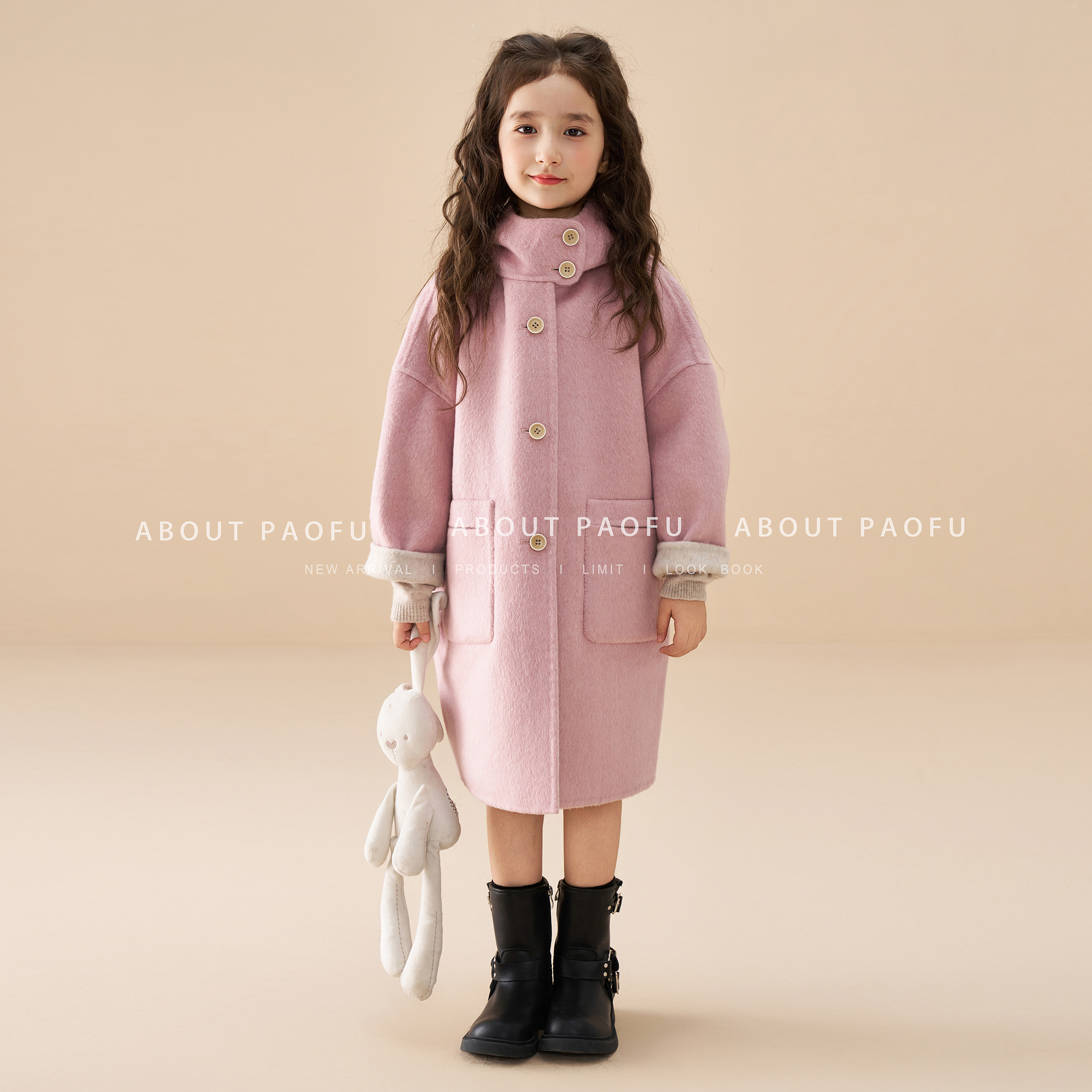 泡芙定制 2025冬季新款女童粉色双面纯手工绵羊毛大衣 DY241121