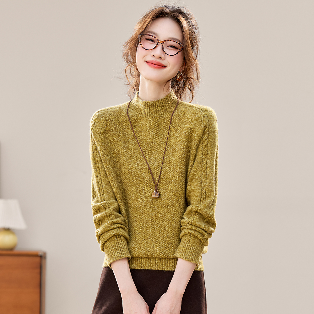 秋冬半高领花纱纹理羊毛衫长袖针织衫显瘦内搭加厚保暖毛衣打底衫