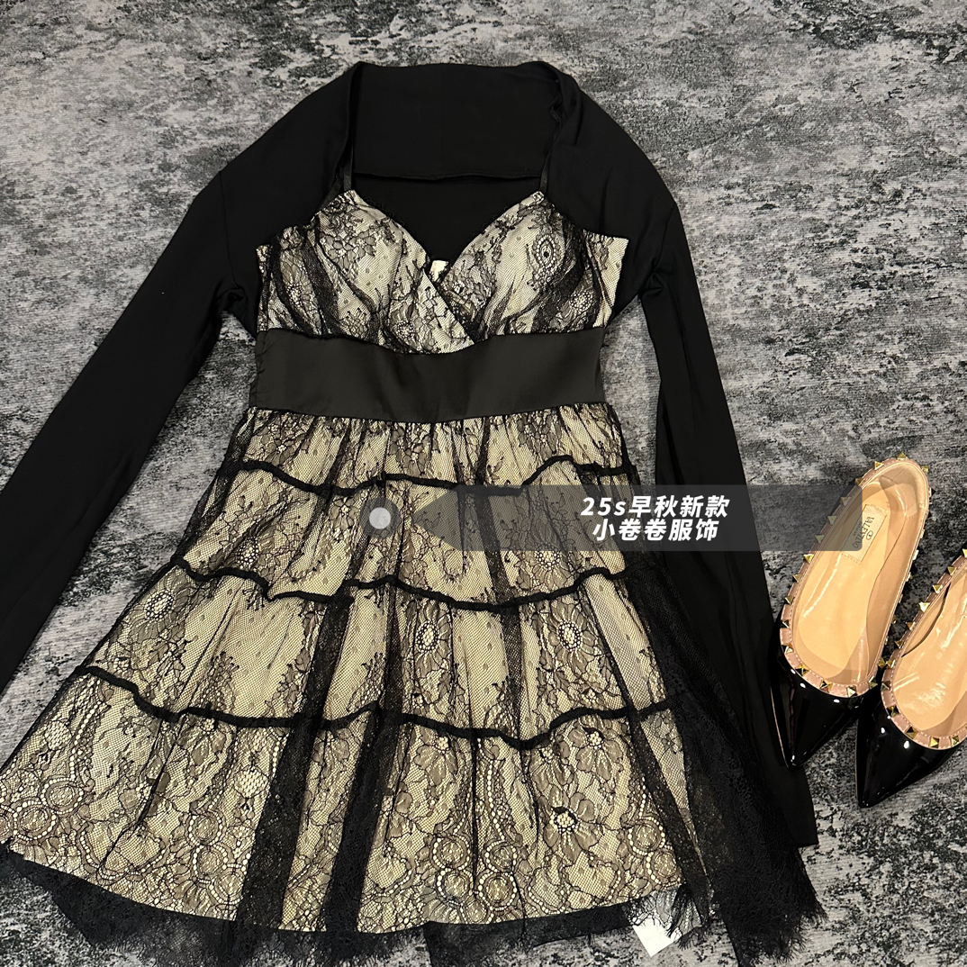 【黑天鹅.v领蕾丝裙两件套】