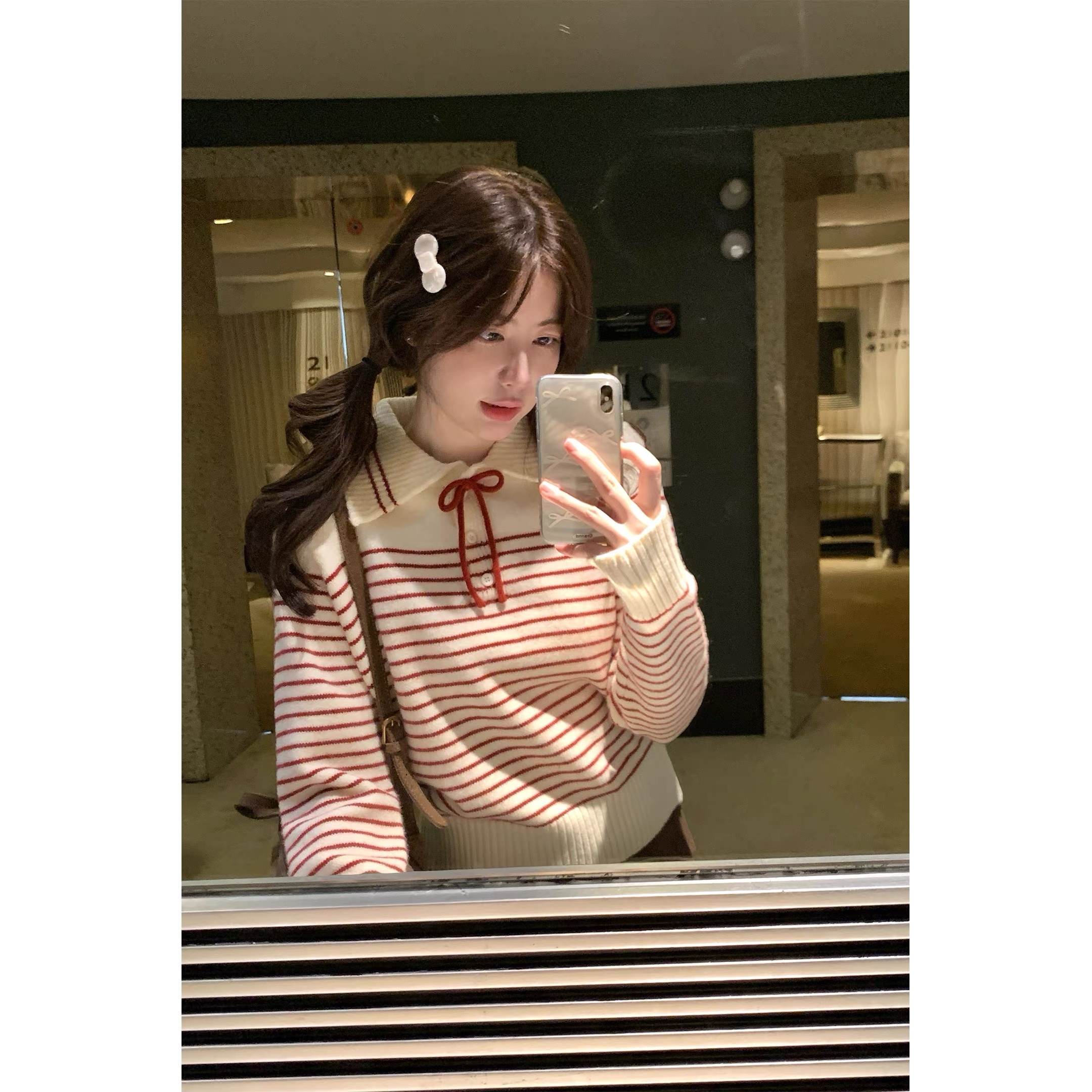 韩系翻领条纹针织绑带毛衣女2025秋冬新款减龄甜美百搭短款针织衫