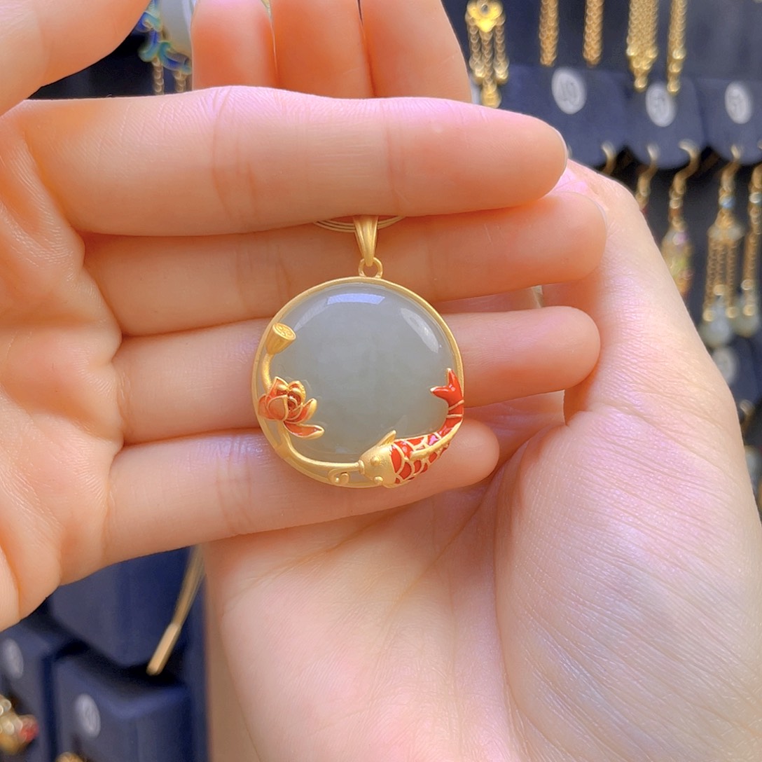 和田玉颈饰银S925镀金镶嵌