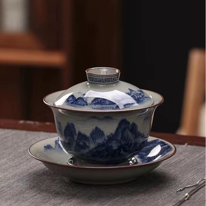 景德镇老陶泥千里江山三才盖碗大容量泡茶盖置茶漏小缸杯公道高温