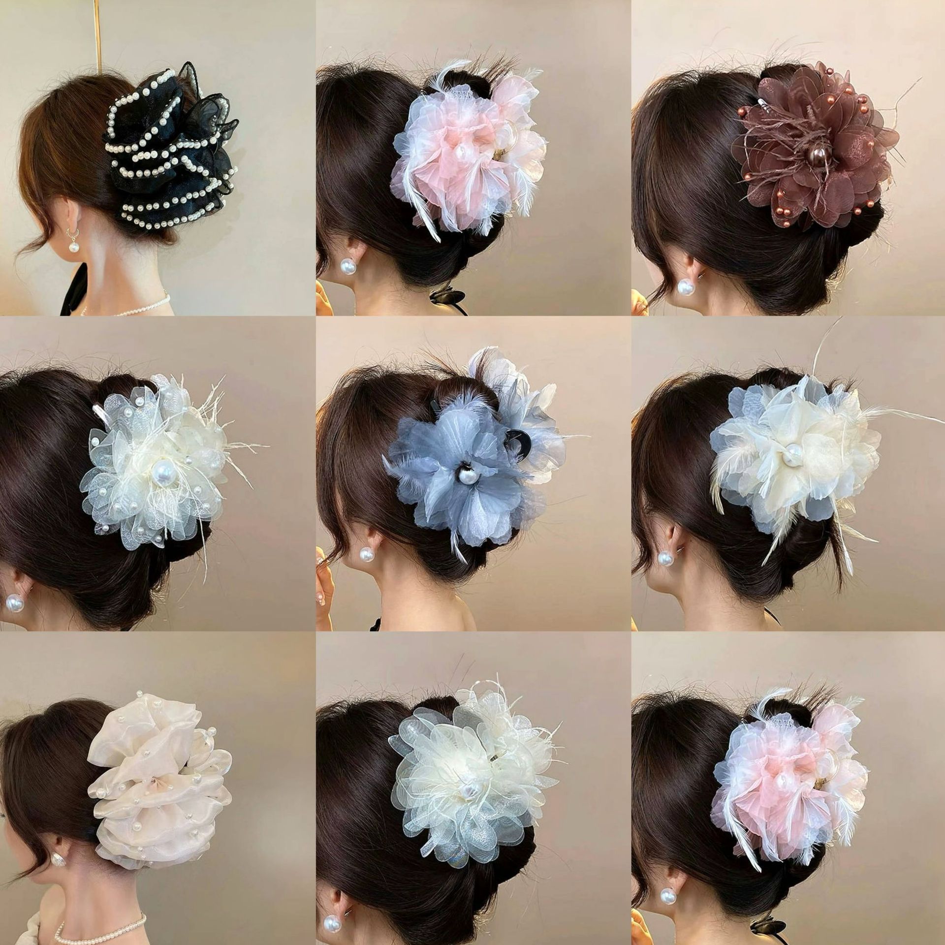 2025新款超仙羽毛泡泡花朵抓夹夏季甜美公主发夹头饰后脑勺发夹