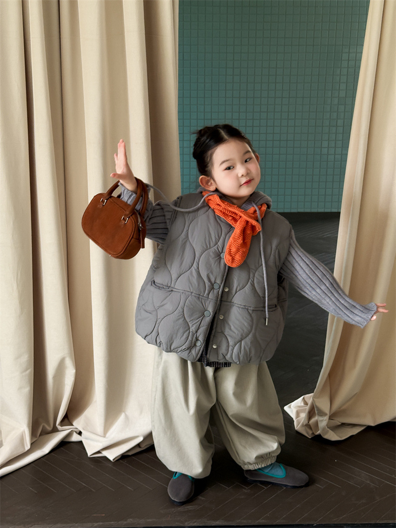 2025冬季韩版童装男女童绗线夹棉宝宝加厚马甲背心p帘加绒裤套装