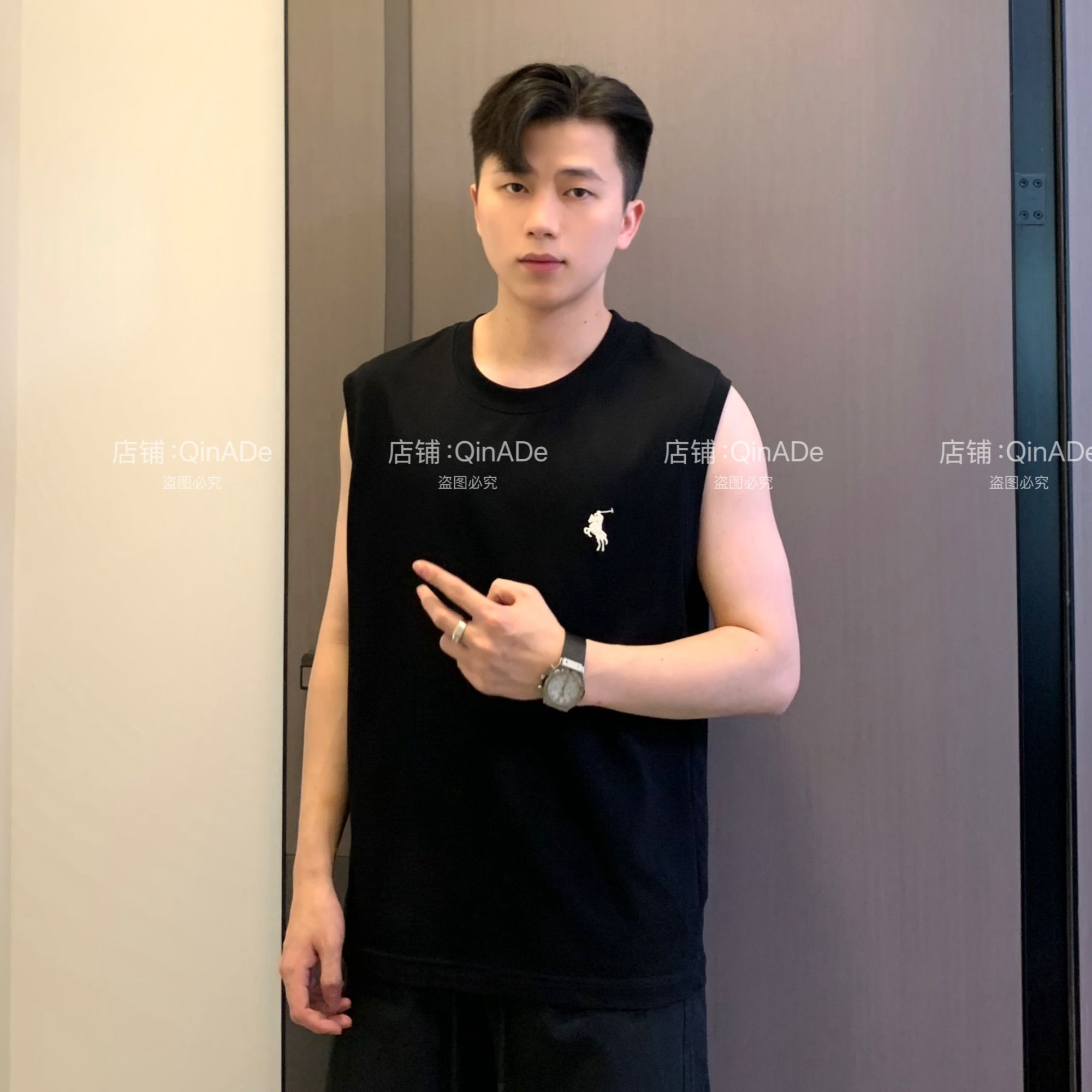 QinADe刺绣背心男款战马清凉夏季打底无袖t恤男坎肩运动内搭0088 