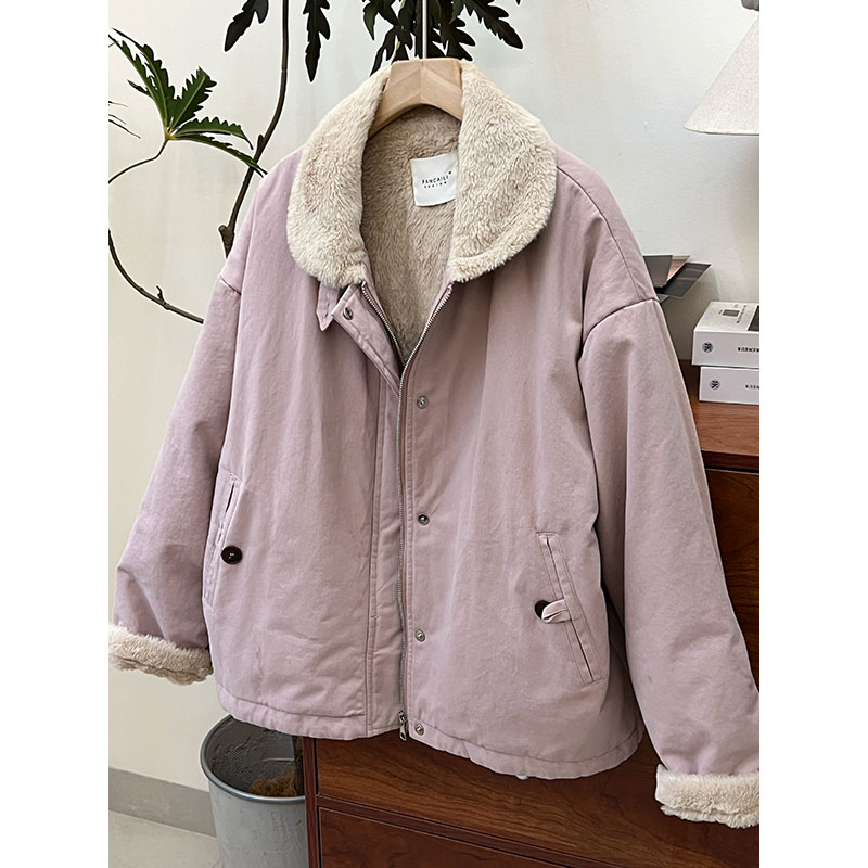 加绒加厚毛领棉服女宽松保暖毛毛外套百搭夹克棉衣2025冬季新款