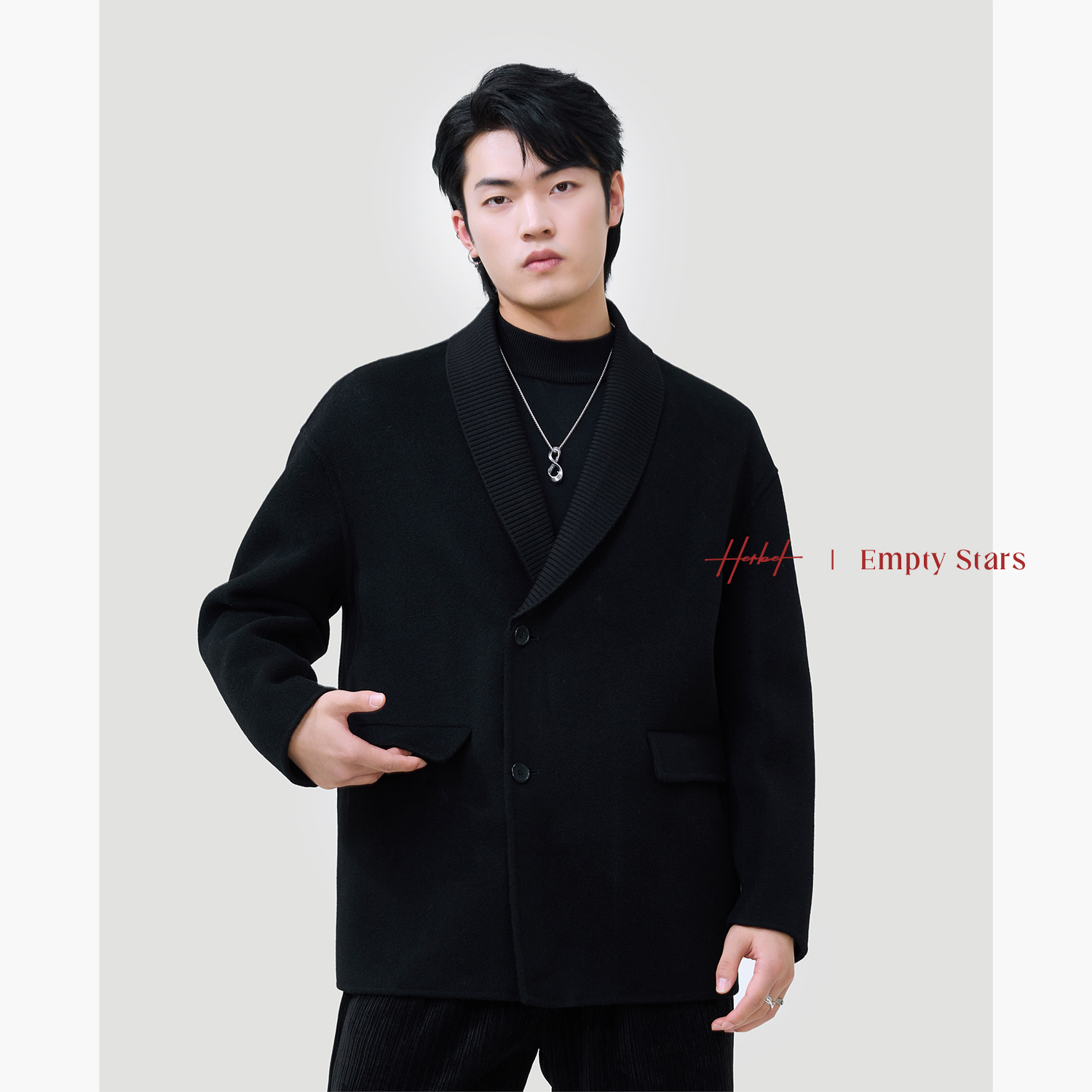 HERBEL/黑白秋冬100%绵羊毛质感呢大衣 设计感短款呢子外套潮