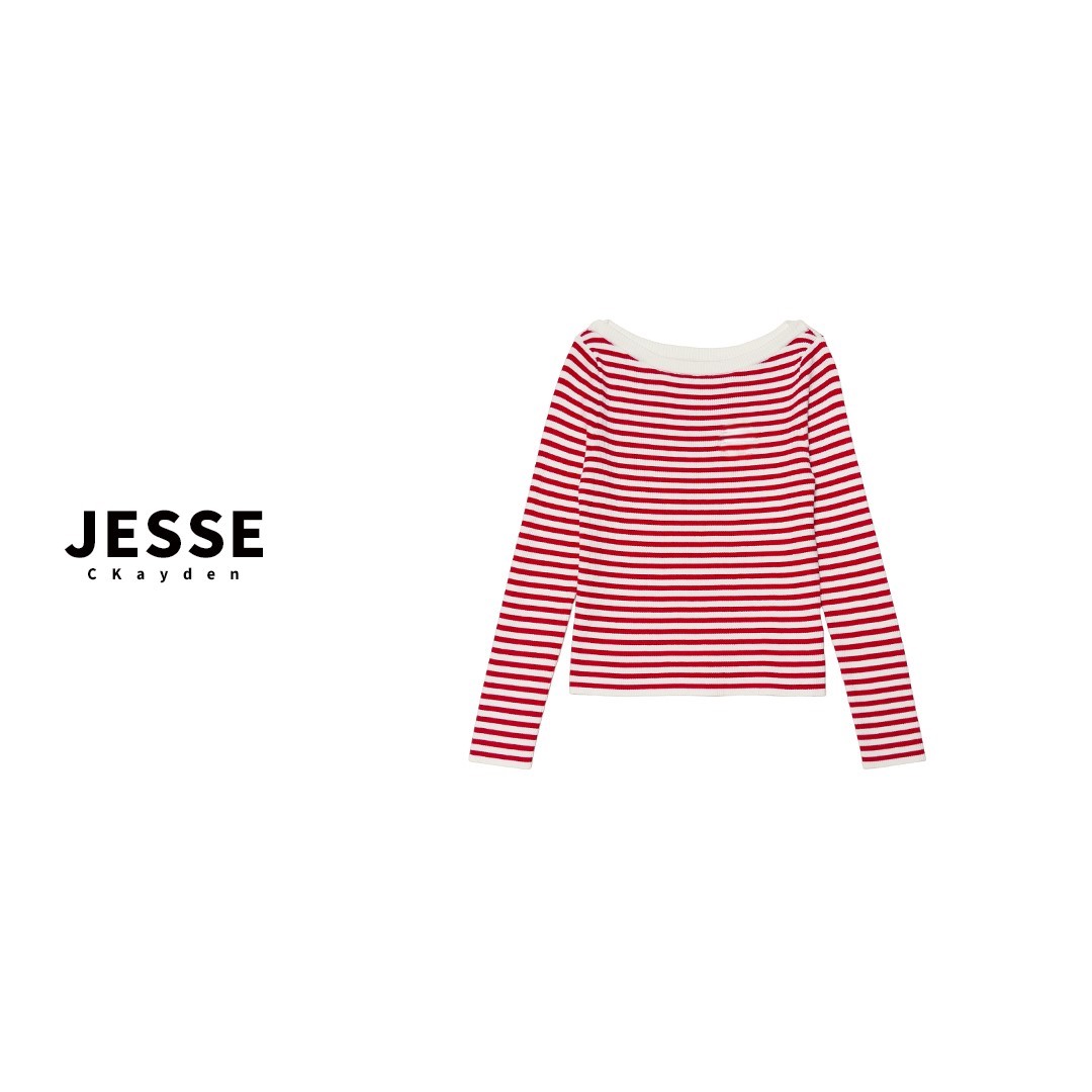 百搭时尚修身条纹针织衫长袖条纹毛针织衫女撞色SS0486