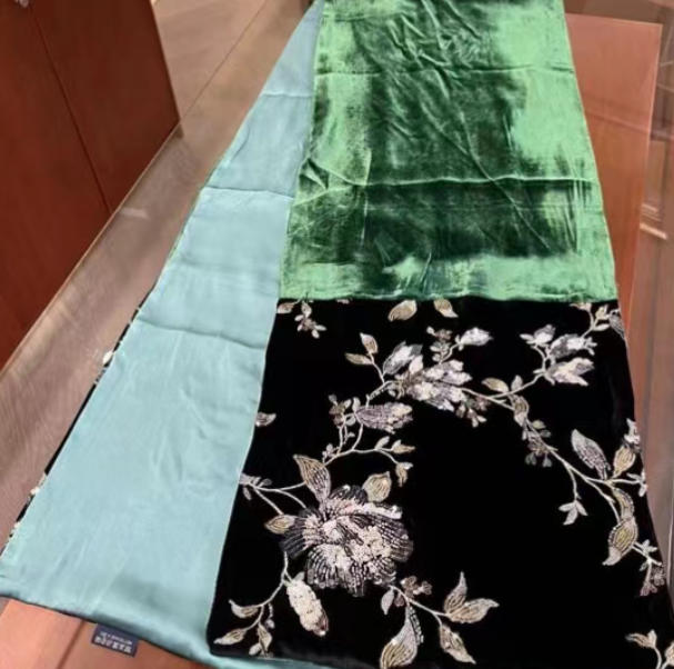 金丝绒飘带-苔痕墨绿 刺绣双层飘带长巾 180*30cm