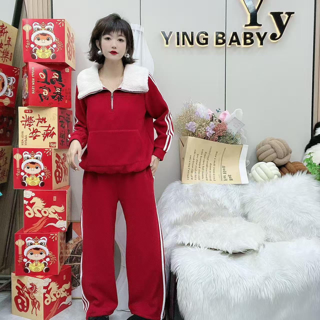 YY大码(北欧腔调)重工高品翻领拼接设计上衣裤子套装