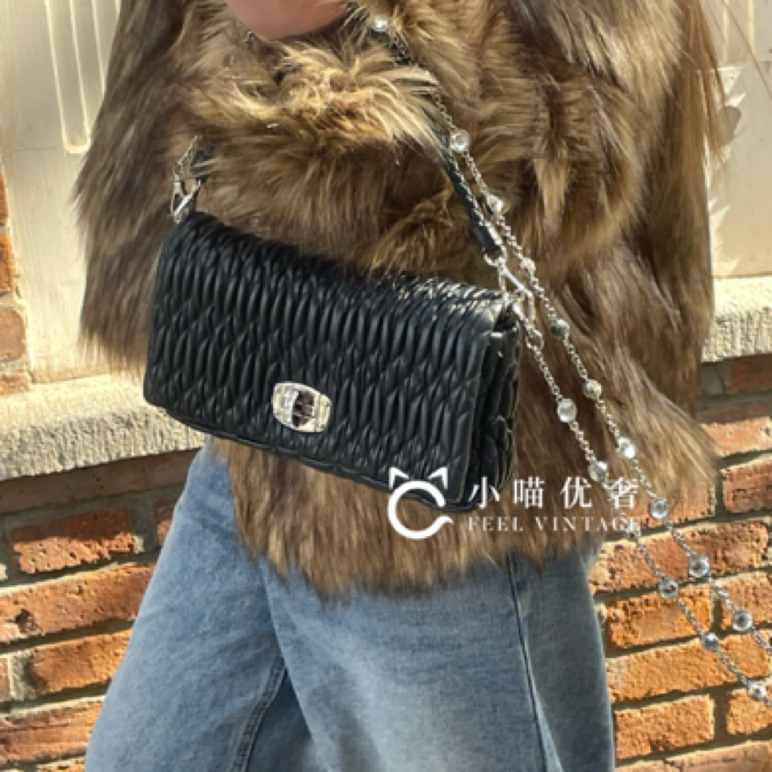 99新 MIU MIU/缪缪 黑银褶皱羊皮小号宝石包woc女士链条包小香风