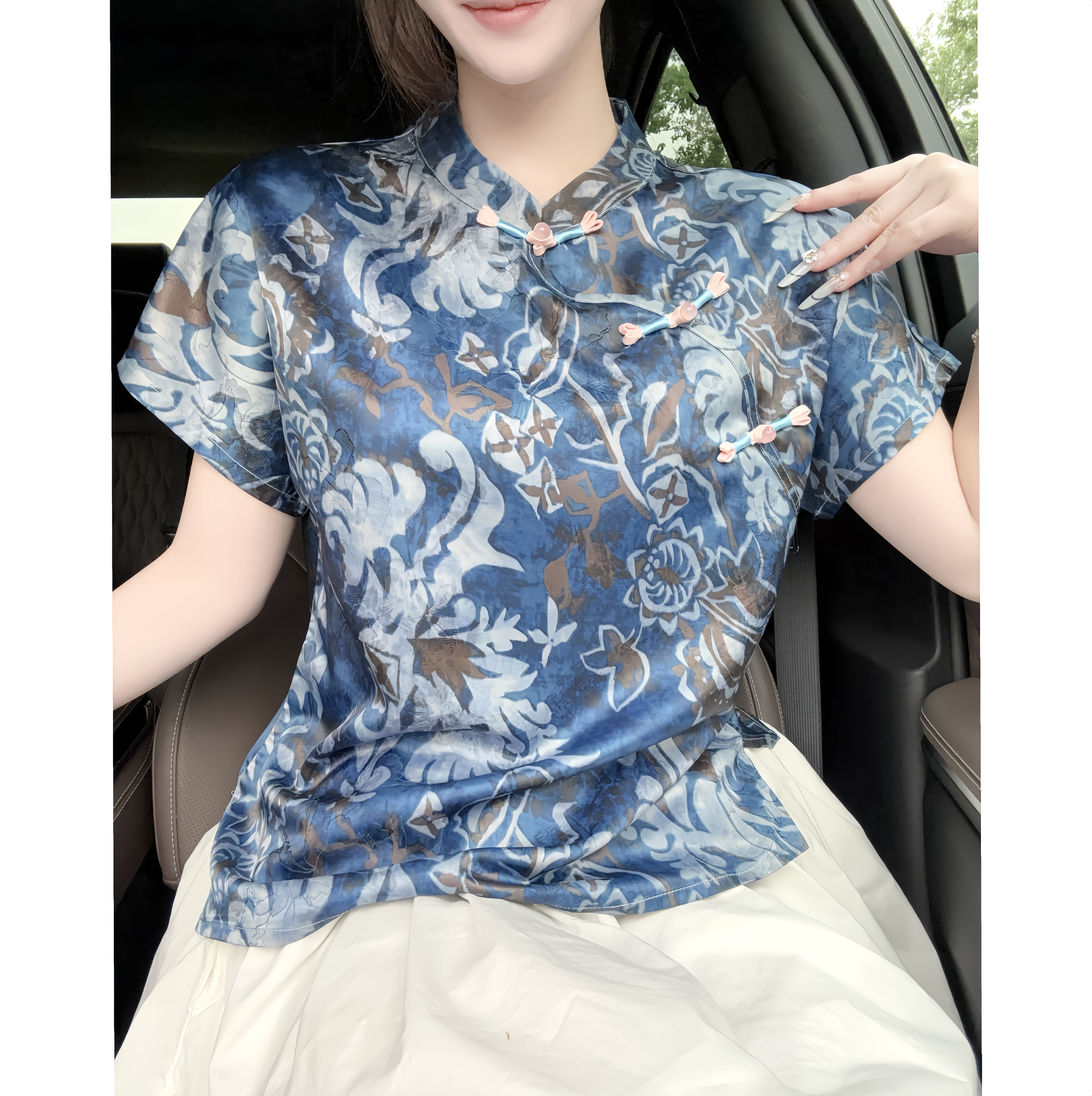 【青花瓷 】小衫飞飞袖短袖丝滑舒适女百搭透气精致提花显瘦新中式