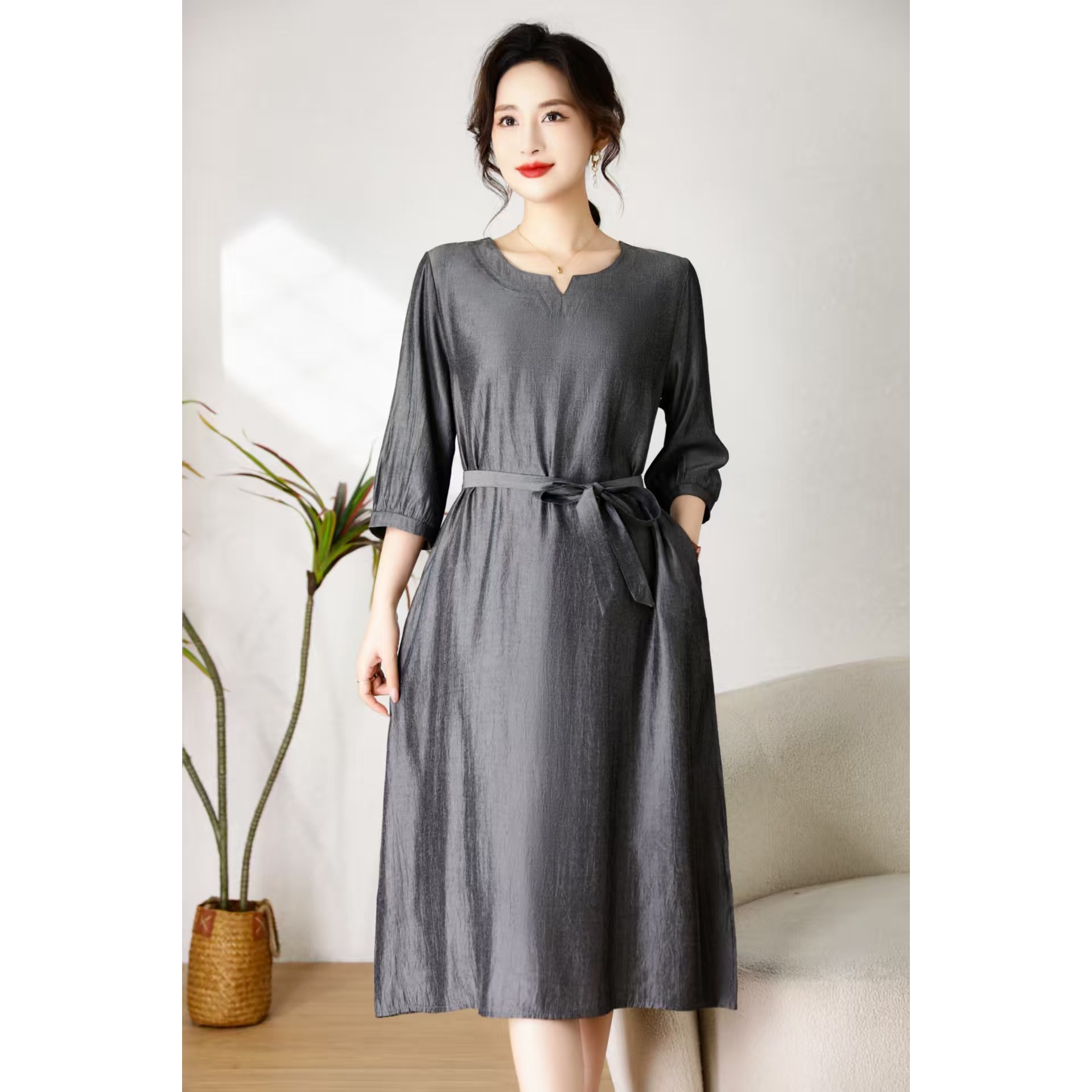 【专属】广州十三行爆款夏季遮肉复古收腰针织气质时尚纯色连衣裙