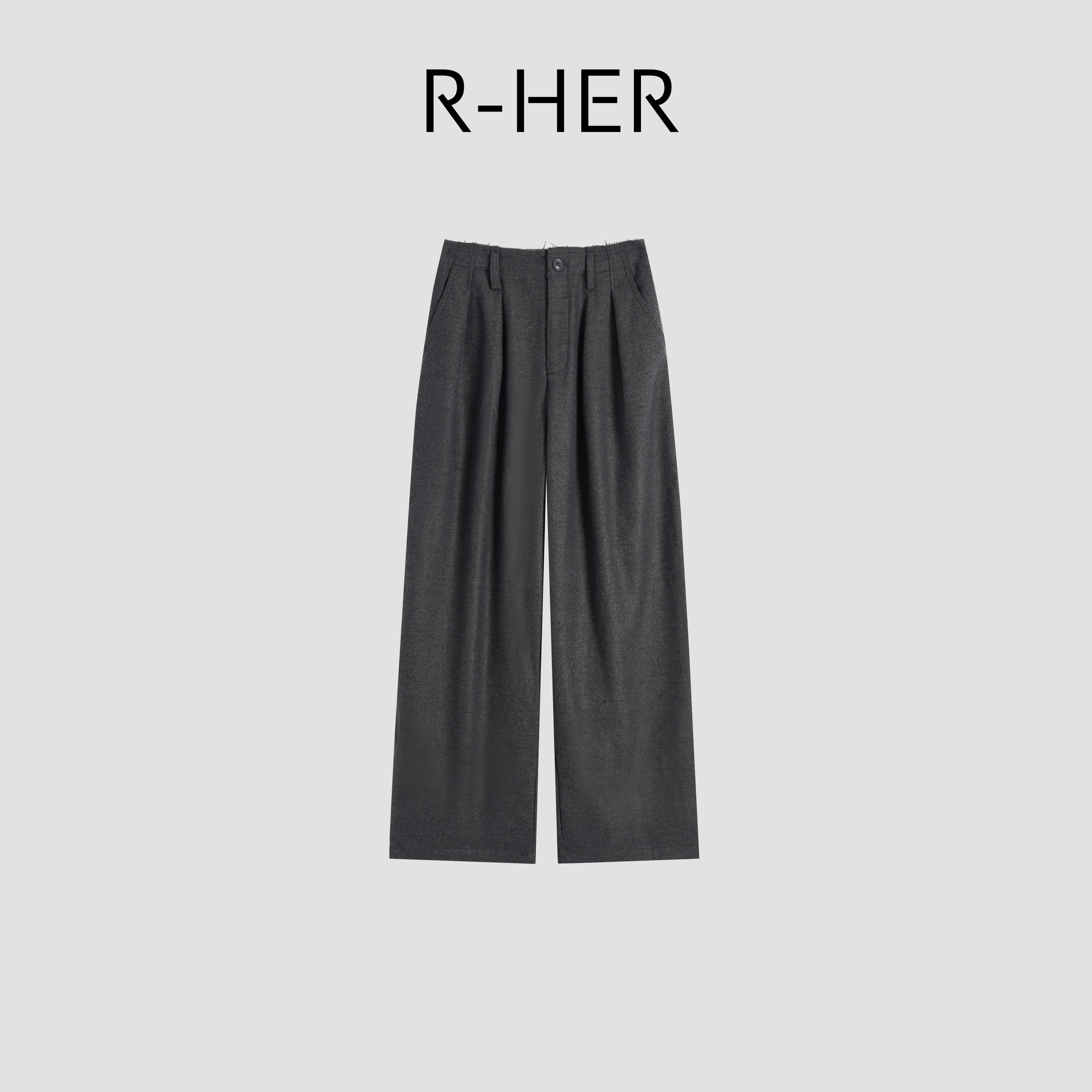 R-HER【褶皱黑直】新款羊毛莱赛尔褶皱显瘦直筒阔腿休闲裤RP50K2513