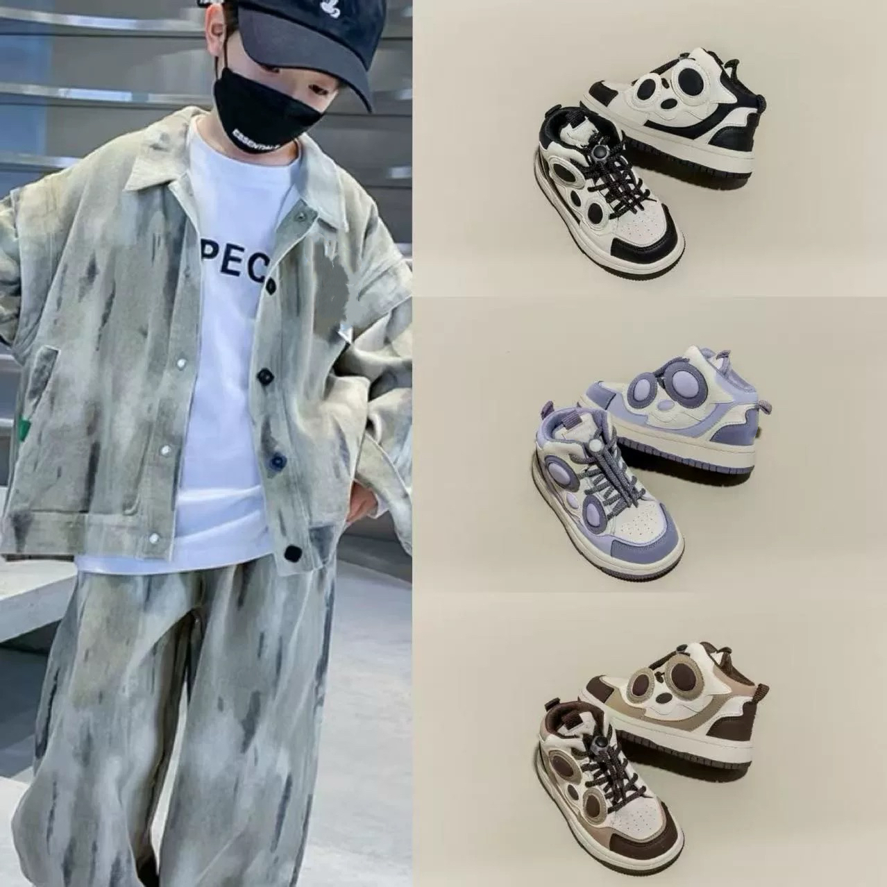 8933秋冬款不加绒小熊猫新款自带抽绳皮面舒适高帮板鞋