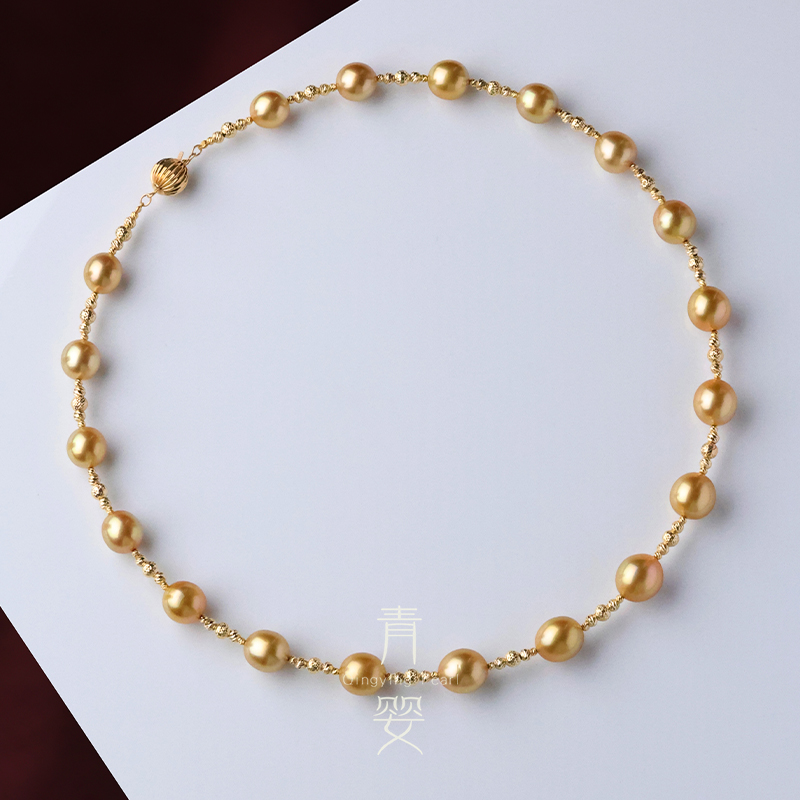 天然海水南洋金珠项链9-11mm18k金镶嵌时尚闪光珠气质*多样性发一