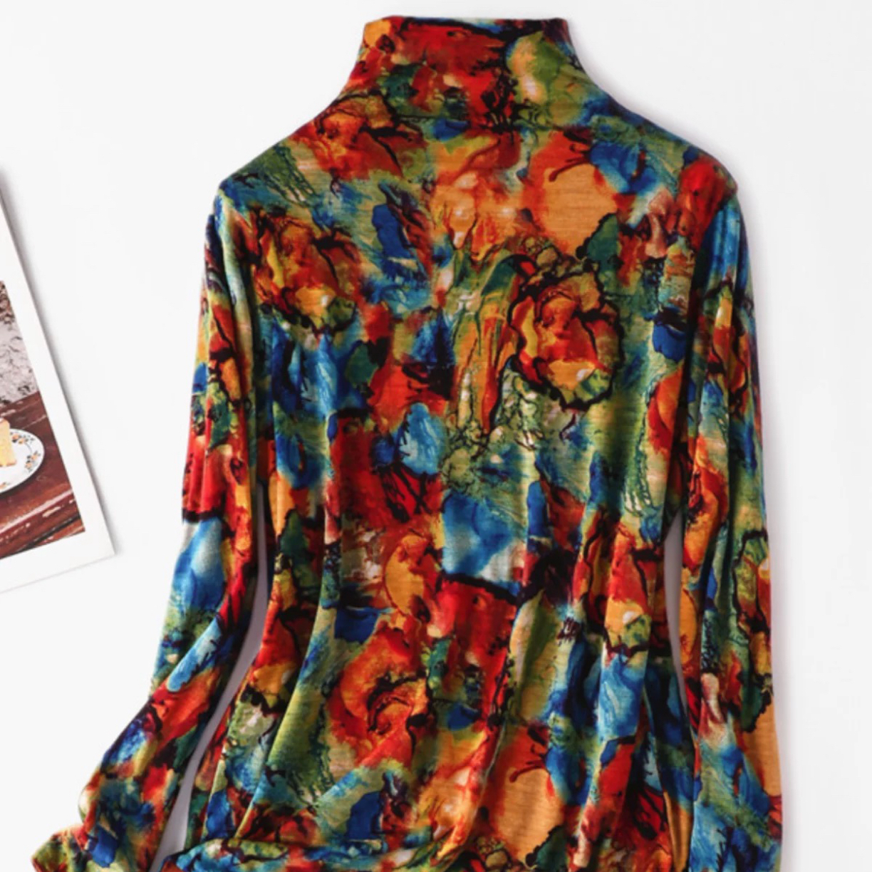 女士澳洲超细双层纯印花自由领长袖针织打底衫上衣（双面双穿）