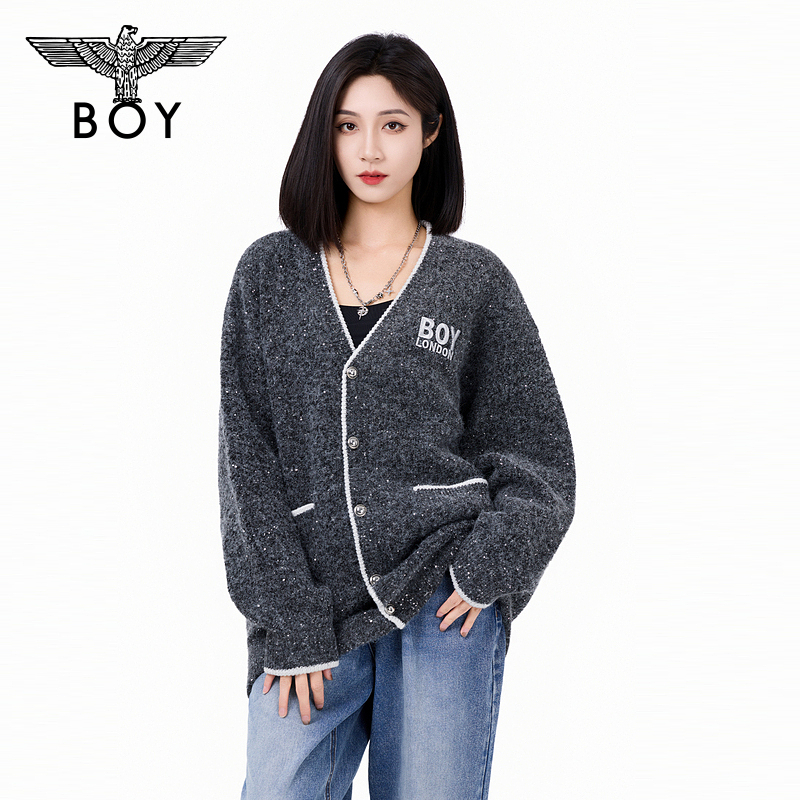 BOY秋季潮牌时尚男女同款V领烫钻绣花开衫针织毛衣N64901