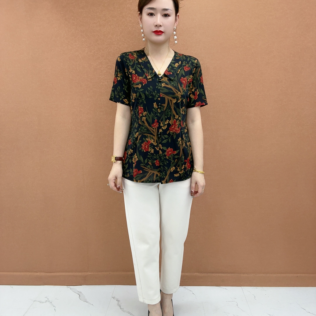 夏季新款时尚中老年娃娃领碎花短袖小衫母亲节妈妈装套头微胖T恤